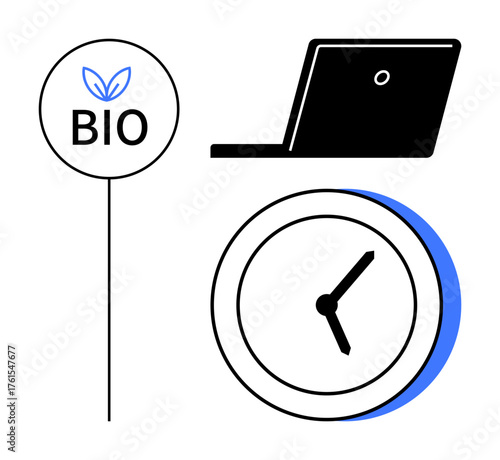 Bio sign with leaf, analog clock marking time, and laptop highlighting eco-conscious work balance. Ideal for sustainability, time management, work efficiency, green practices, productivity
