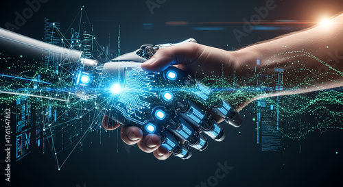 Human and robot hands shaking, symbolizing artificial intelligence collaboration and digital connection.