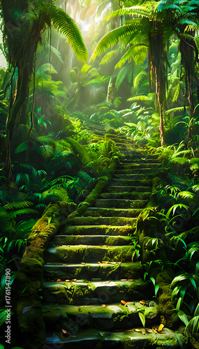 Enchanting Moss-Covered Stone Steps Through Lush Tropical Jungle: A Tranquil Path Toward Sunlight in Nature's Haven