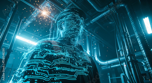 A futuristic, glowing blue digital human figure with circuit patterns in an industrial setting.