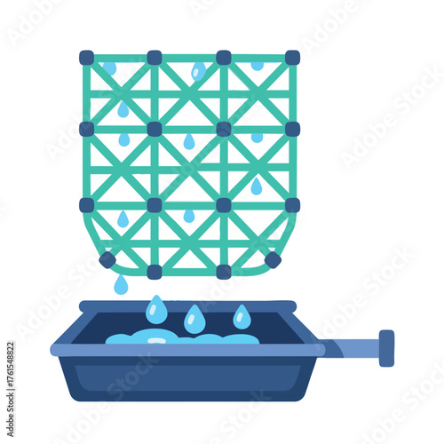 Water droplets falling through a net into a container.