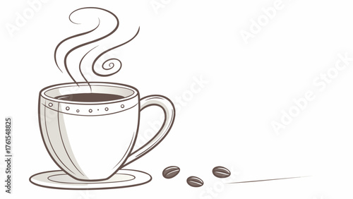 A steaming cup of coffee with coffee beans, inviting warmth and a comforting start to the day
