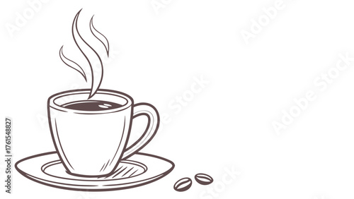 A steaming cup of coffee with coffee beans, offering a comforting and aromatic start to the day