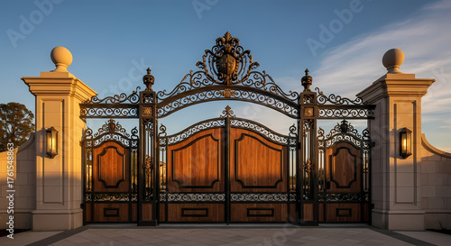 An ornate wrought iron and wood gate at the entrance to a luxury estate during a golden sunset.