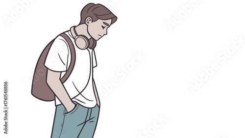 A young man with a backpack and headphones is standing with his head down he is wearing a white tshirt