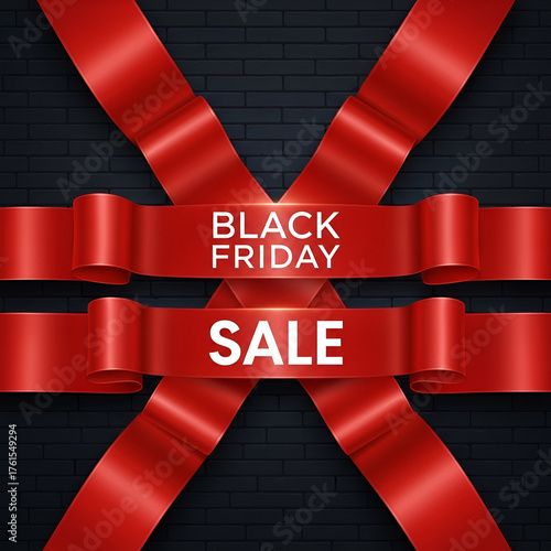 3D Red Ribbons for Black Friday Sale on Dark Brick Wall Background – Crossed Ribbons Vector Illustration