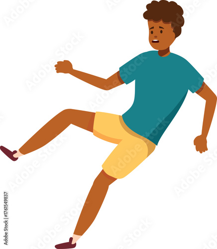 Frightened man losing balance, falling on floor, experiencing unexpected accident