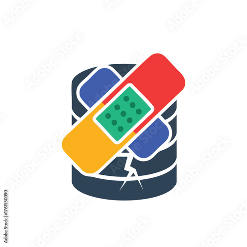 A cracked database icon with colorful band-aids applied.