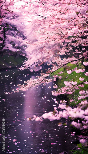 Tranquil Cherry Blossom Path: Delicate Petals Falling Gently Along a Pink Floral Trail in Nature's Beauty