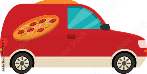 Red delivery van transporting pizza, offering convenient food delivery service