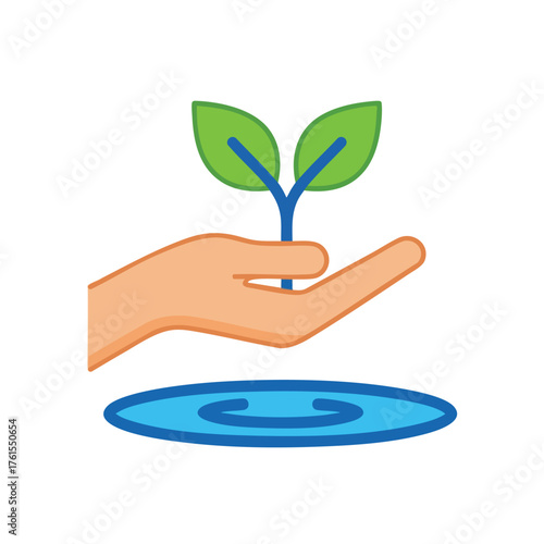 A hand cradles a young plant growing from water.