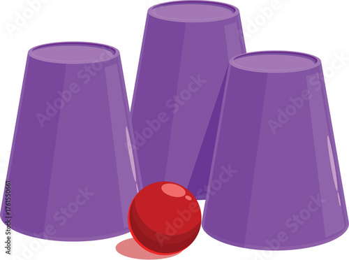 Three purple cups and a red ball for a shell game magic trick