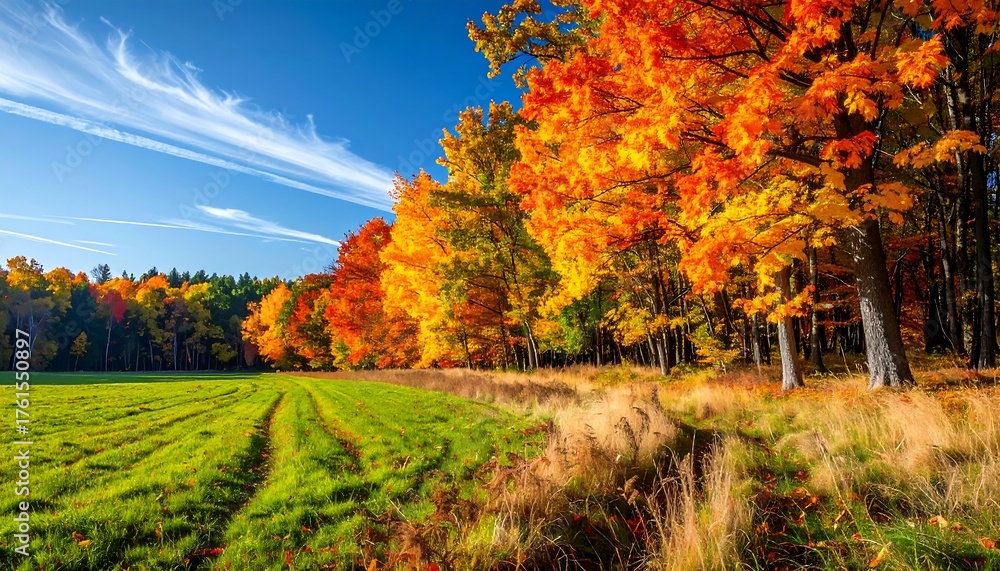 Naklejka premium Colorful autumn foliage, vast green field, and blue sky