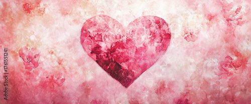 Abstract noise texture forms pink grainy background with crimson heart shape for banner poster header cover