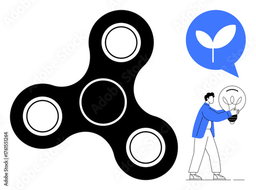 Black fidget spinner, leaf in blue speech bubble symbolizing eco ideas, man holding glowing bulb with plant. Ideal for innovation, environment, mindfulness, energy solutions, creativity, focus