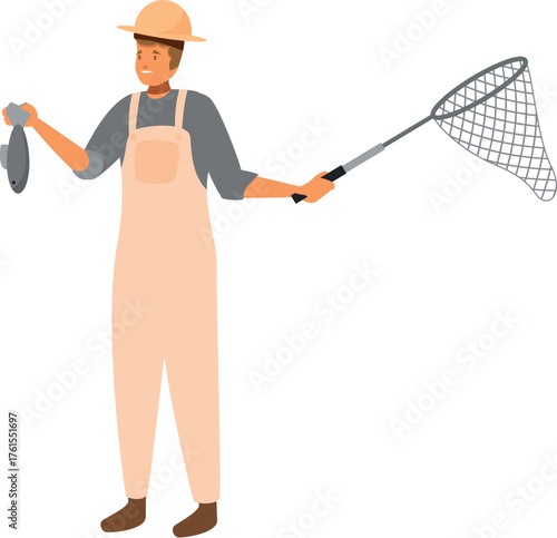 Fisherman showing fish caught with fishing net, enjoying fishing hobby