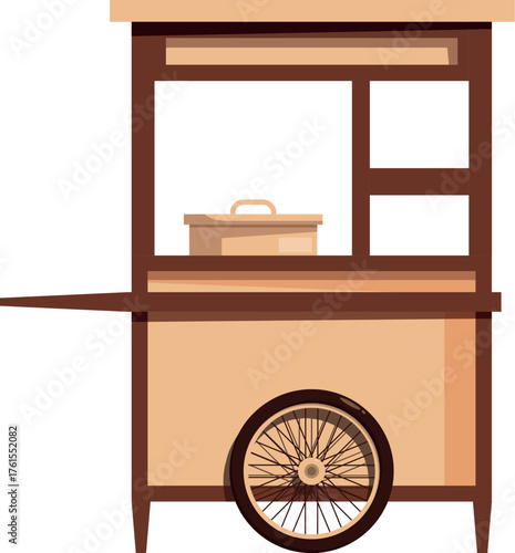Warm toned wooden street food cart, featuring a cooking pot and ready to serve culinary delights