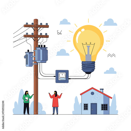 Illustrating the electrical grid connecting power lines and a house with a lightbulb representing energy use.