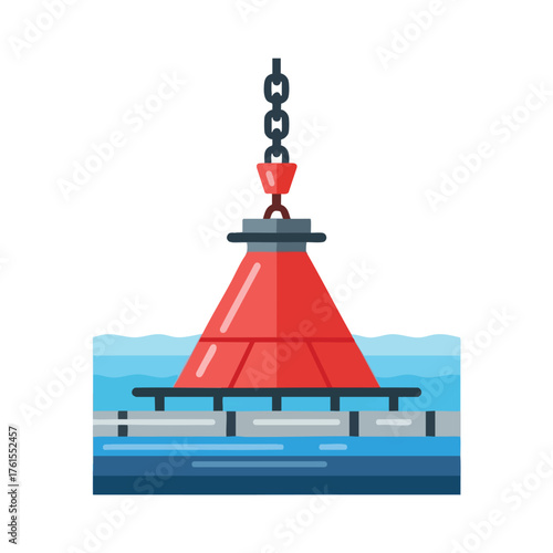 A red buoy floats in the water, attached by a chain.