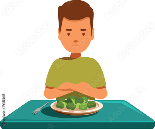 Sad child refusing to eat healthy broccoli served on a plate, bad eating habits in children