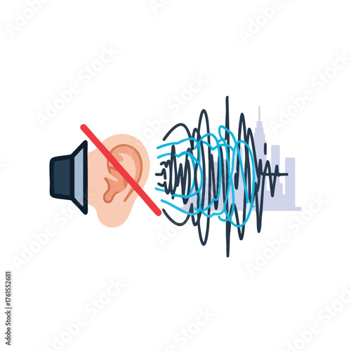 Abstract showing sound waves emanating from a speaker tods an ear.