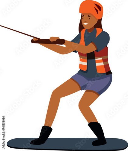 Smiling girl athlete wearing helmet and life jacket wakeboarding, enjoying extreme sport activity