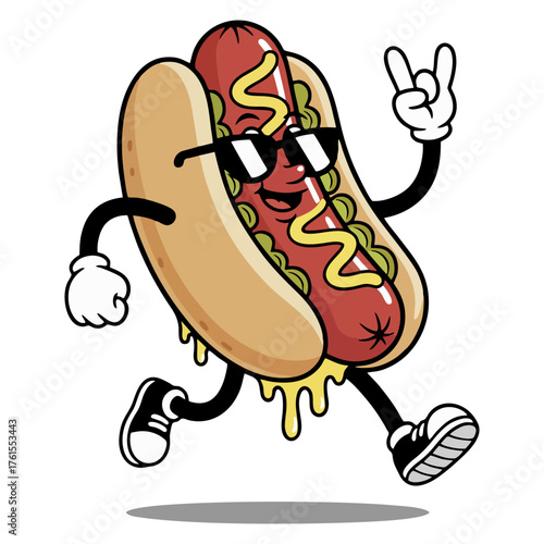Cartoon Style Cheerful Hotdog Character Walking Gesture Mascot Illustration