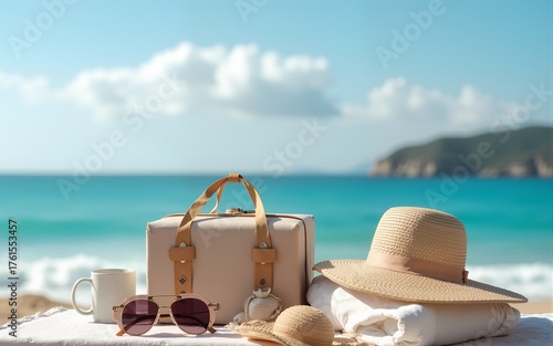 Holiday packing essentials at the edge of the ocean. High quality