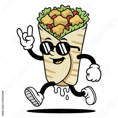 Fun Cartoon Shawarma Mascot Character with Sunglasses Running Illustration