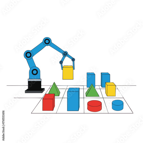 A blue robot arm sorts colorful geometric shapes on a grid.
