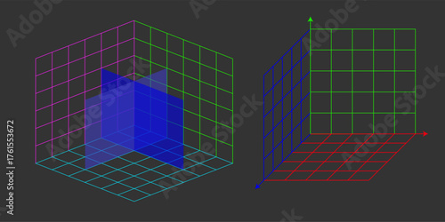 Three dimensional cartesian grid layout. 3d vector coordinate system with X Y Z axes and perspective lines. Abstract geometry illustration. Mathematical background isolated for education design