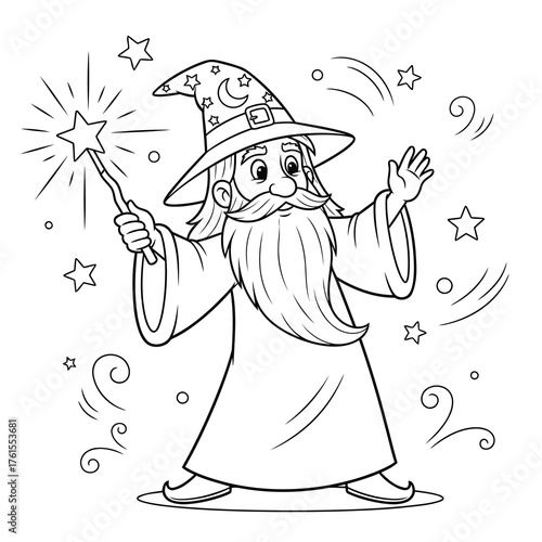Cute Cartoon Wizard Casting a Spell Coloring Page