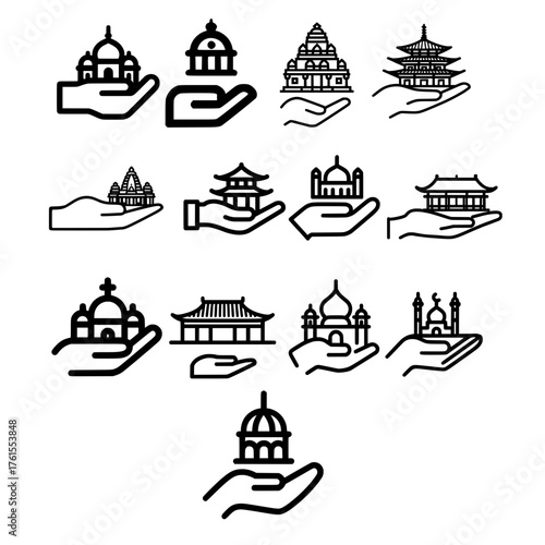 Illustration of religious building placed above open palm in minimal vector design