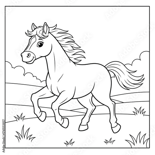 Cute Horse Running in a Field Coloring Page