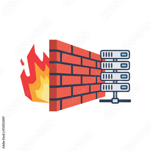 Firewall protecting servers from fire. Technology and security.
