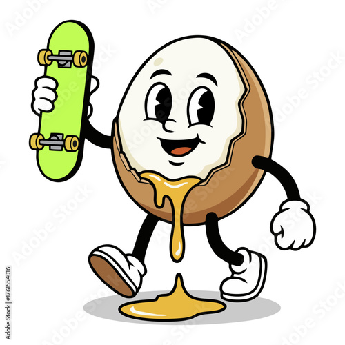 Cartoon Style Funny Egg Character Holding Skateboard Active Lifestyle Illustration