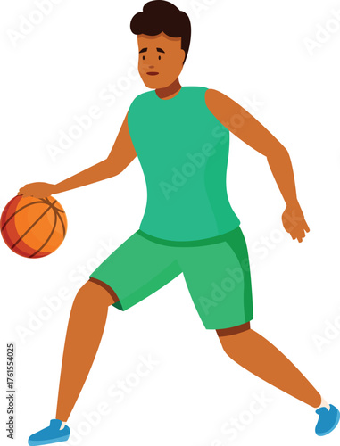 Professional basketball player running and dribbling with the ball, wearing a green uniform