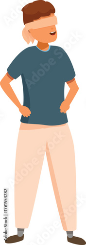 Young boy wearing blindfold, playing hide and seek and searching for friends