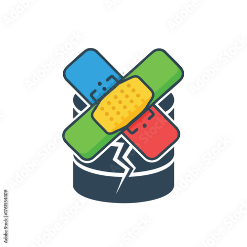 A cracked database icon with colorful band-aids, symbolizing data repair.