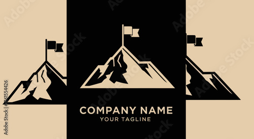 Mountain peak with a flag logo design for business success and achievement.