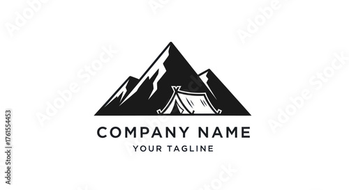 Mountain Camping Adventure Logo Design with Tent and Peaks.