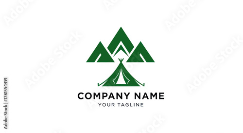 Green Mountain and Tent Logo Design for Outdoor Adventure Company.