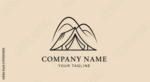 Minimalist Tent and Mountain Logo Design for Outdoor Adventure Company.