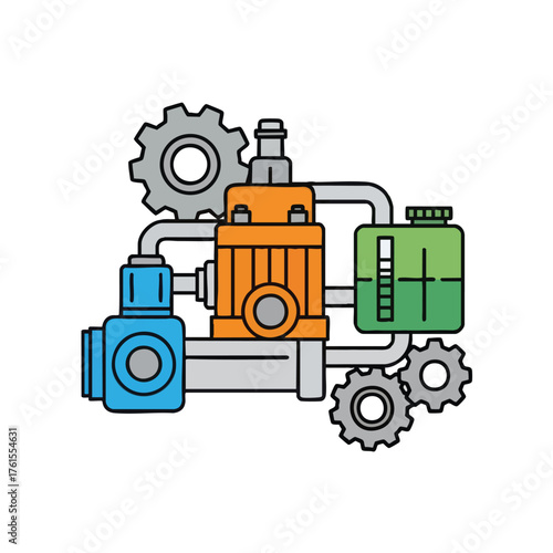 of industrial machinery with pumps and gears.
