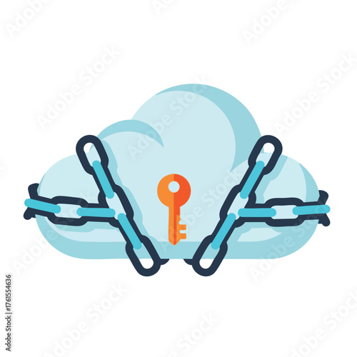 Cloud security icon: a key unlocking a chained cloud.