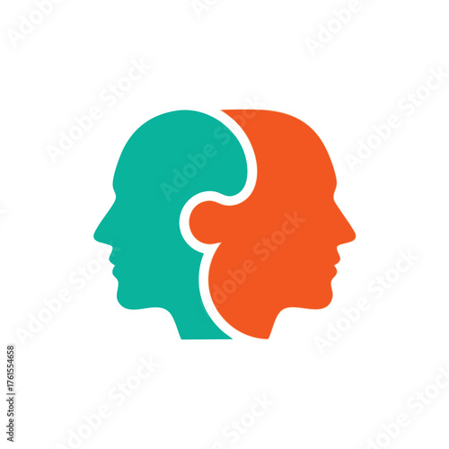 Two abstract pros in teal and orange connect.