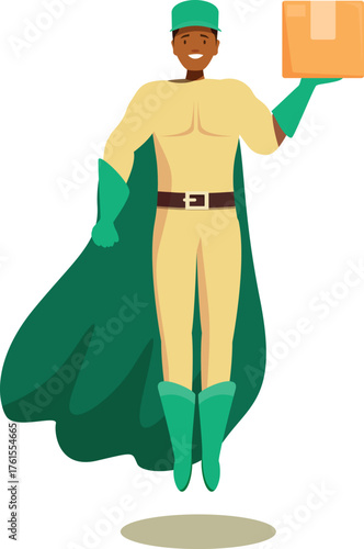 Superhero courier is soaring through the air, delivering a package with speed and efficiency, ensuring timely arrival