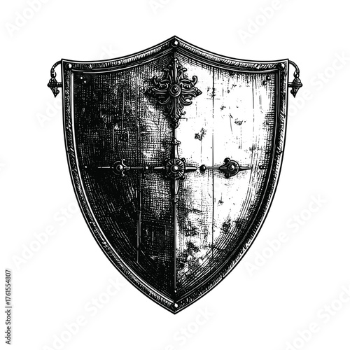 Medieval ornate metal shield design featuring intricate detailing, vintage texture, and historical craftsmanship ideal for heraldic, fantasy, or historical themed projects.