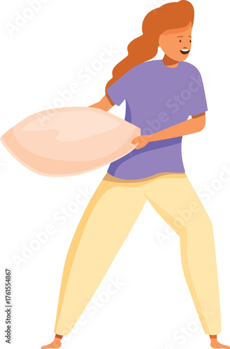Young woman holding a pillow ready for a fun pillow fight, enjoying playful moment