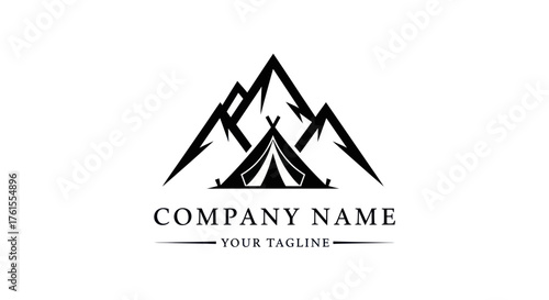Camping adventure logo featuring tent and mountain range for outdoor company.